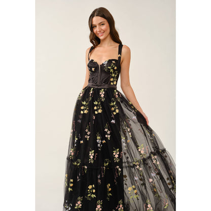 Floral Embroidered Tulle Corset Tiered Maxi Dress