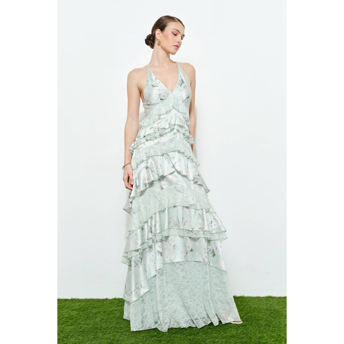 Romantic Floral Silk Lace Trim Tiered Maxi Dress