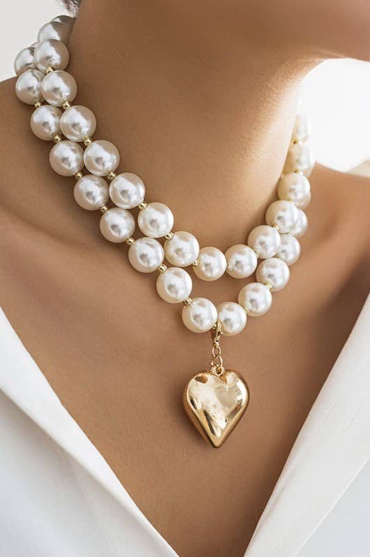 LUSTROUS PEARL BEADED LAYERED HEART NECKLACE | 40NK9456 - Soleil et étoiles