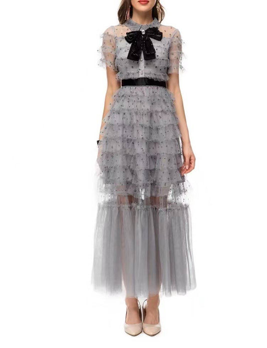 Chic French Bow-Adorned Mesh Slim Dress - Soleil et étoiles