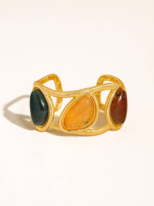 18K Gold Multicolor Stone Cuff Bracelet – Aventurine & Red Jasper