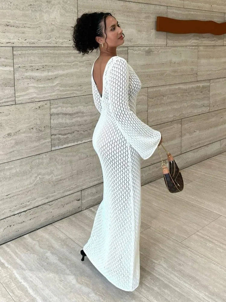 Knit V-Neck Hollow Out  Backless Cover up Maxi Dress