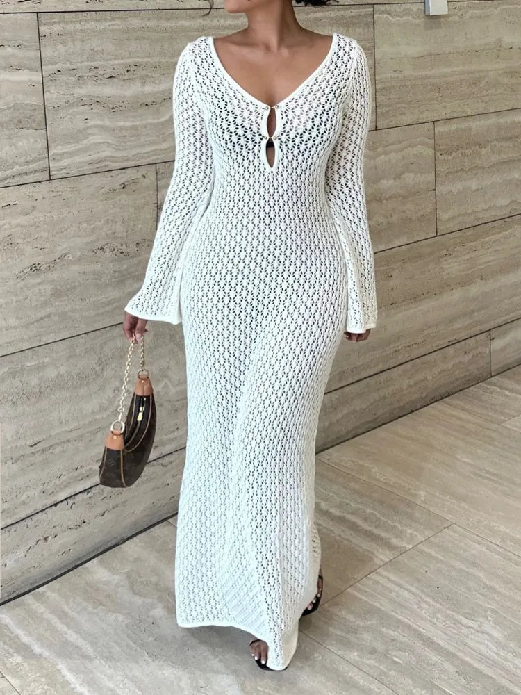 Knit V-Neck Hollow Out  Backless Cover up Maxi Dress