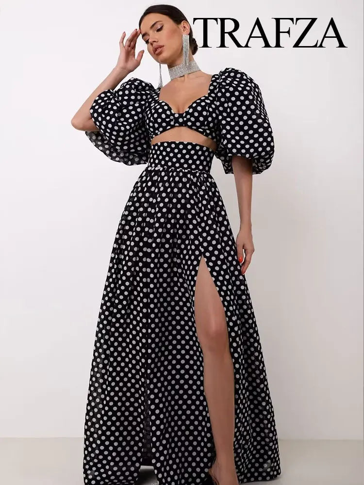 Vintage Polka Dots Square-Neck Top Slit High Waist Skirt and top set