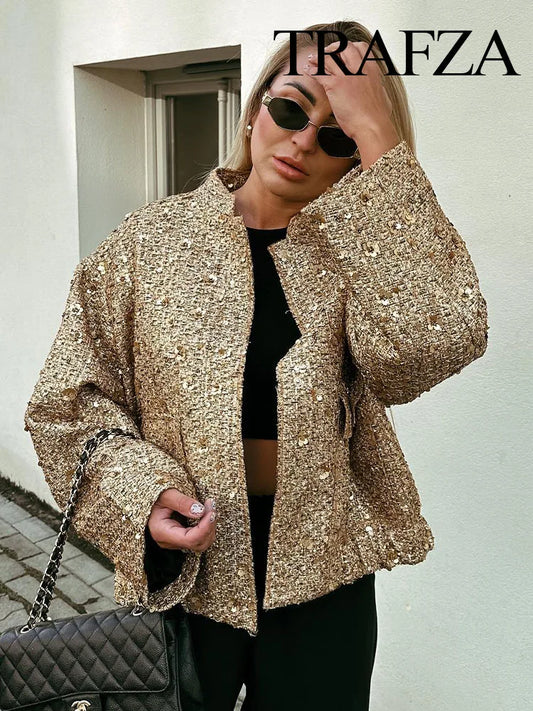 Shiny Sequin Stand-up Collar Long Sleeve Jacket