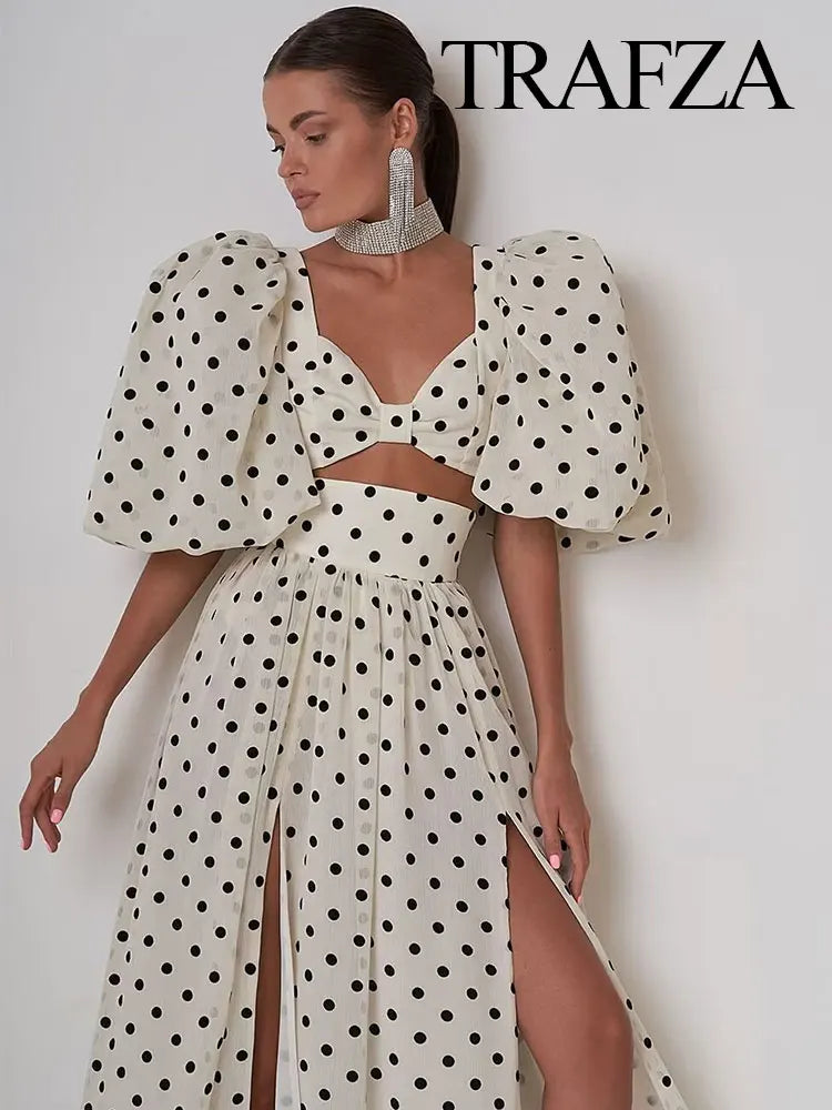 Vintage Polka Dots Square-Neck Top Slit High Waist Skirt and top set