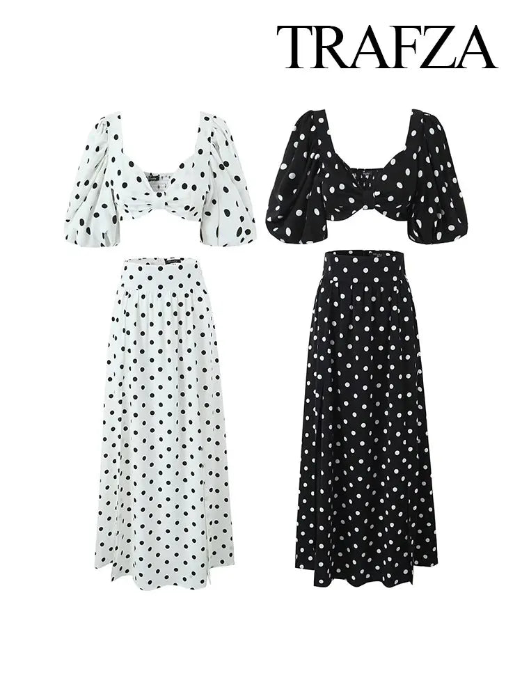 Vintage Polka Dots Square-Neck Top Slit High Waist Skirt and top set