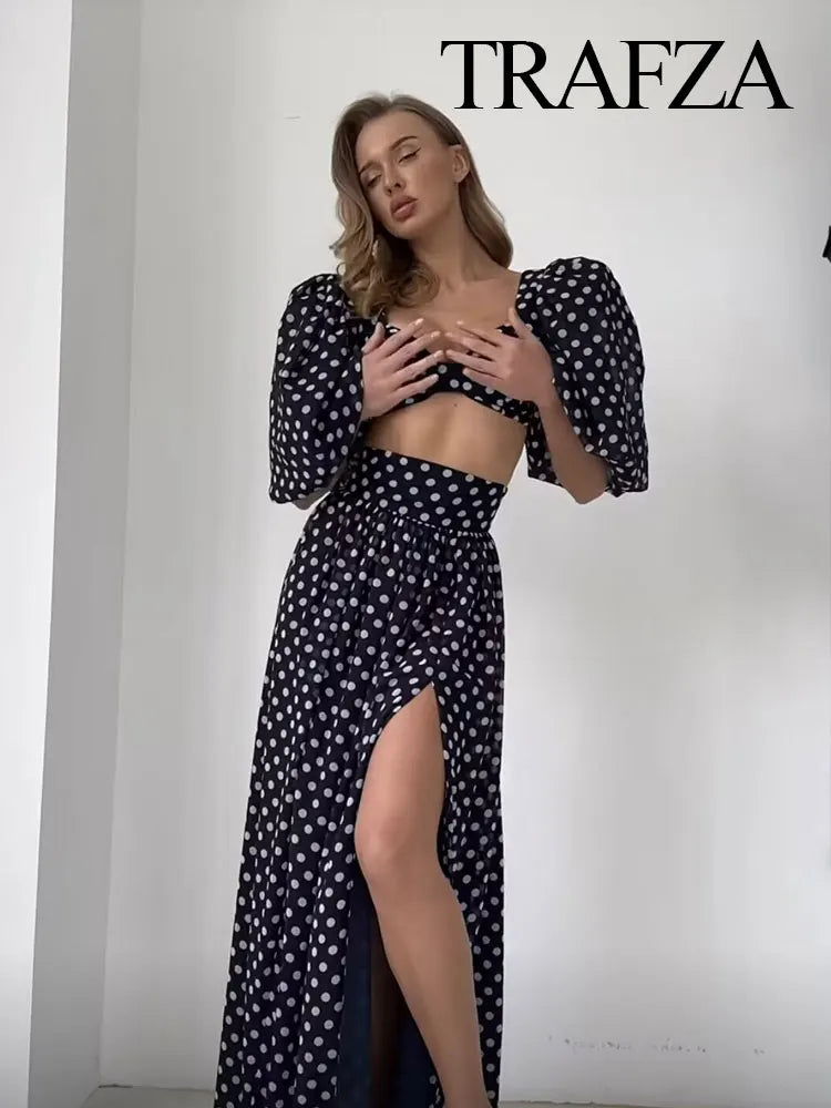 Vintage Polka Dots Square-Neck Top Slit High Waist Skirt and top set