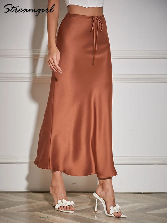 High Waist A-Line Long Satin Skirts