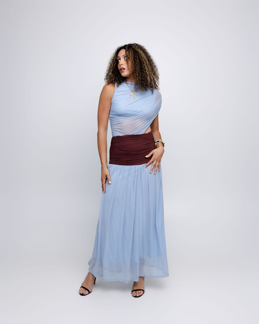 Blue Colorblock Mesh Maxi Dress with Contrast Waist