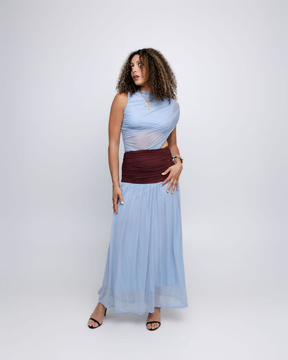 Blue Colorblock Mesh Maxi Dress with Contrast Waist
