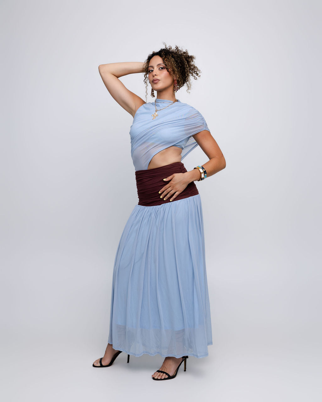 Blue Colorblock Mesh Maxi Dress with Contrast Waist