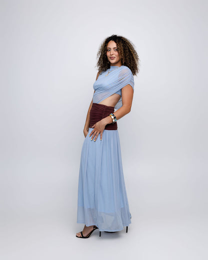 Blue Colorblock Mesh Maxi Dress with Contrast Waist