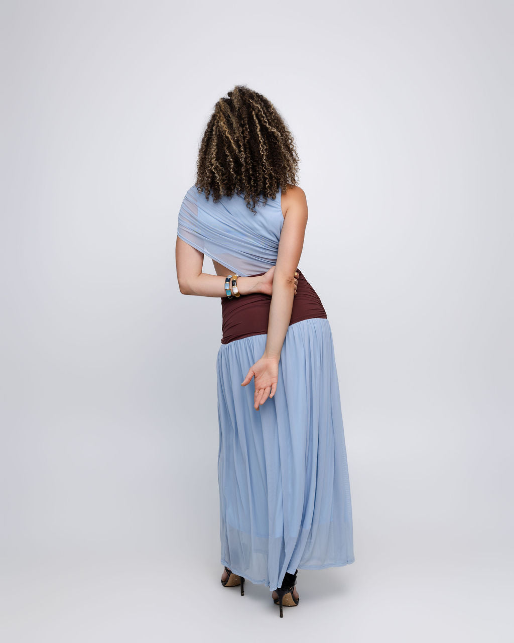 Blue Colorblock Mesh Maxi Dress with Contrast Waist