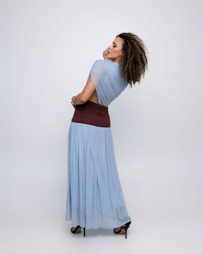 Blue Colorblock Mesh Maxi Dress with Contrast Waist