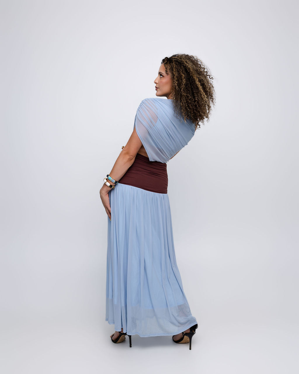 Blue Colorblock Mesh Maxi Dress with Contrast Waist