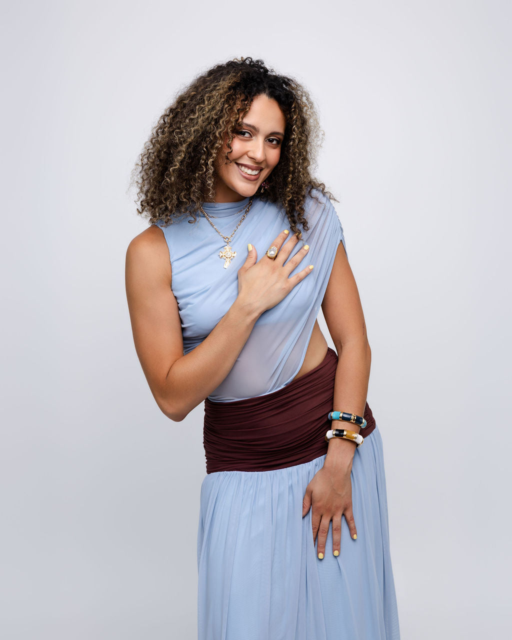 Blue Colorblock Mesh Maxi Dress with Contrast Waist