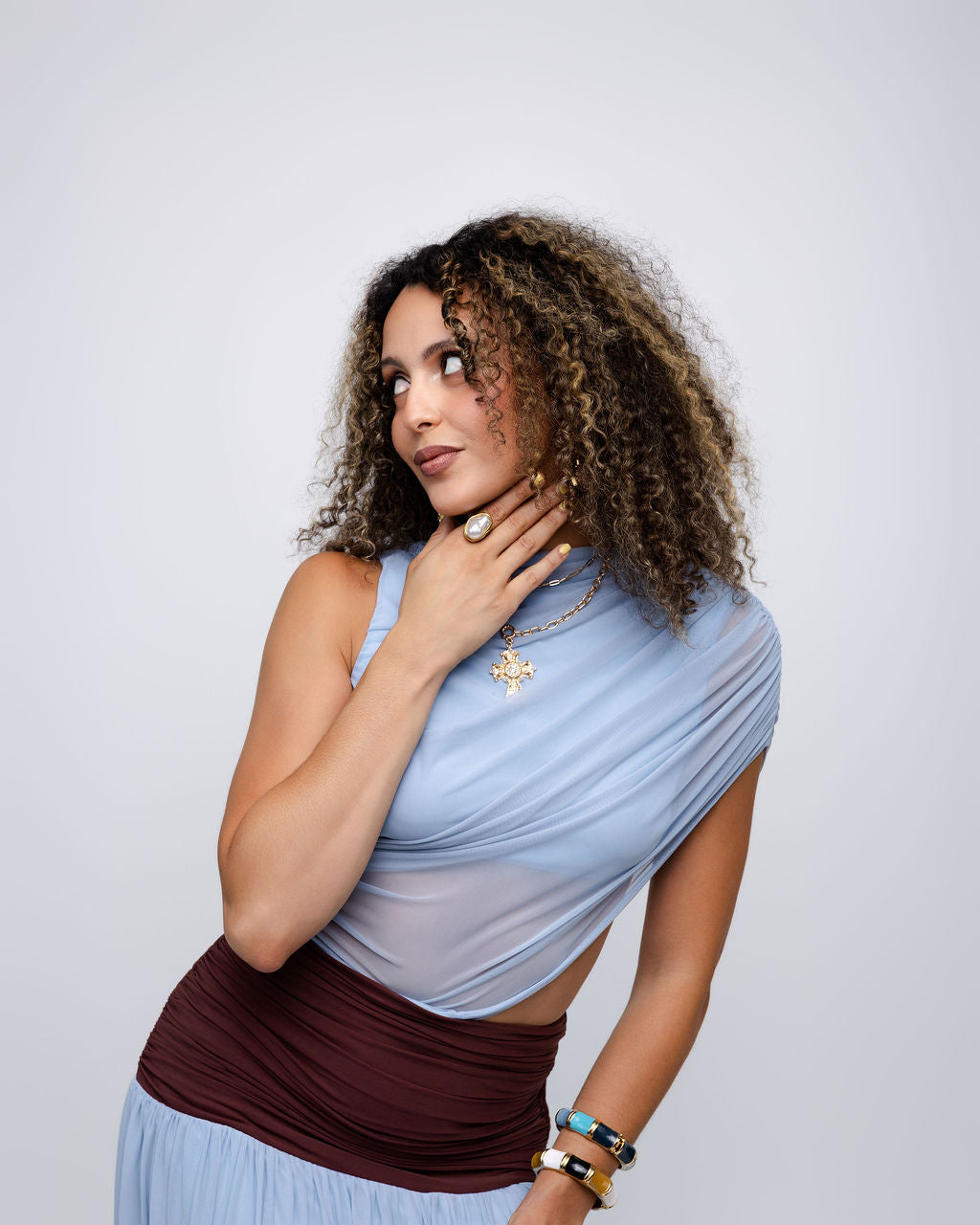 Blue Colorblock Mesh Maxi Dress with Contrast Waist