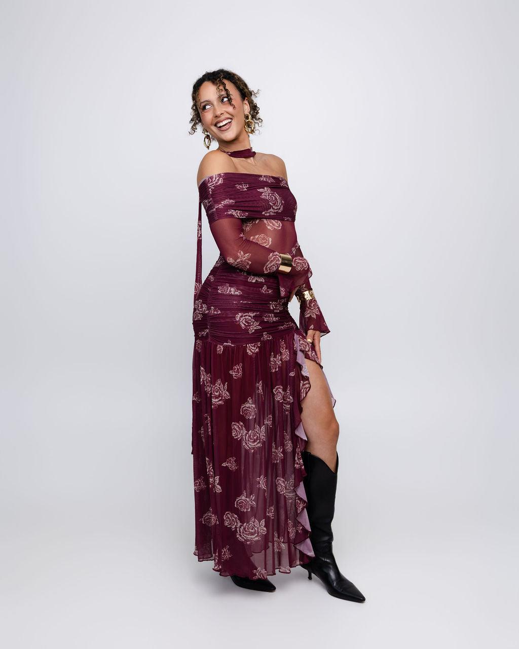 Floral Mesh Off-Shoulder Maxi Dress