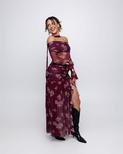 Floral Mesh Off-Shoulder Maxi Dress