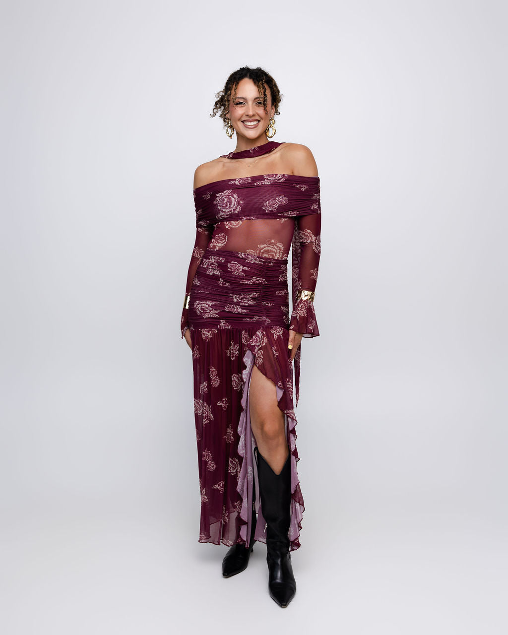 Floral Mesh Off-Shoulder Maxi Dress