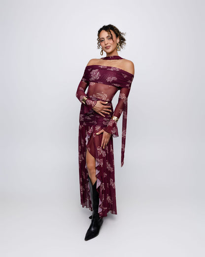 Floral Mesh Off-Shoulder Maxi Dress
