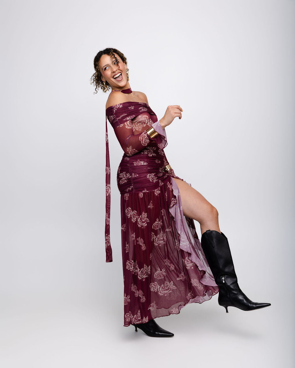 Floral Mesh Off-Shoulder Maxi Dress