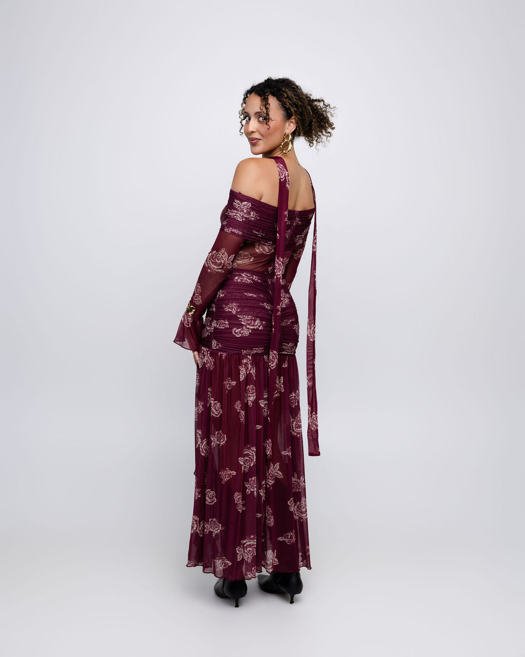 Floral Mesh Off-Shoulder Maxi Dress