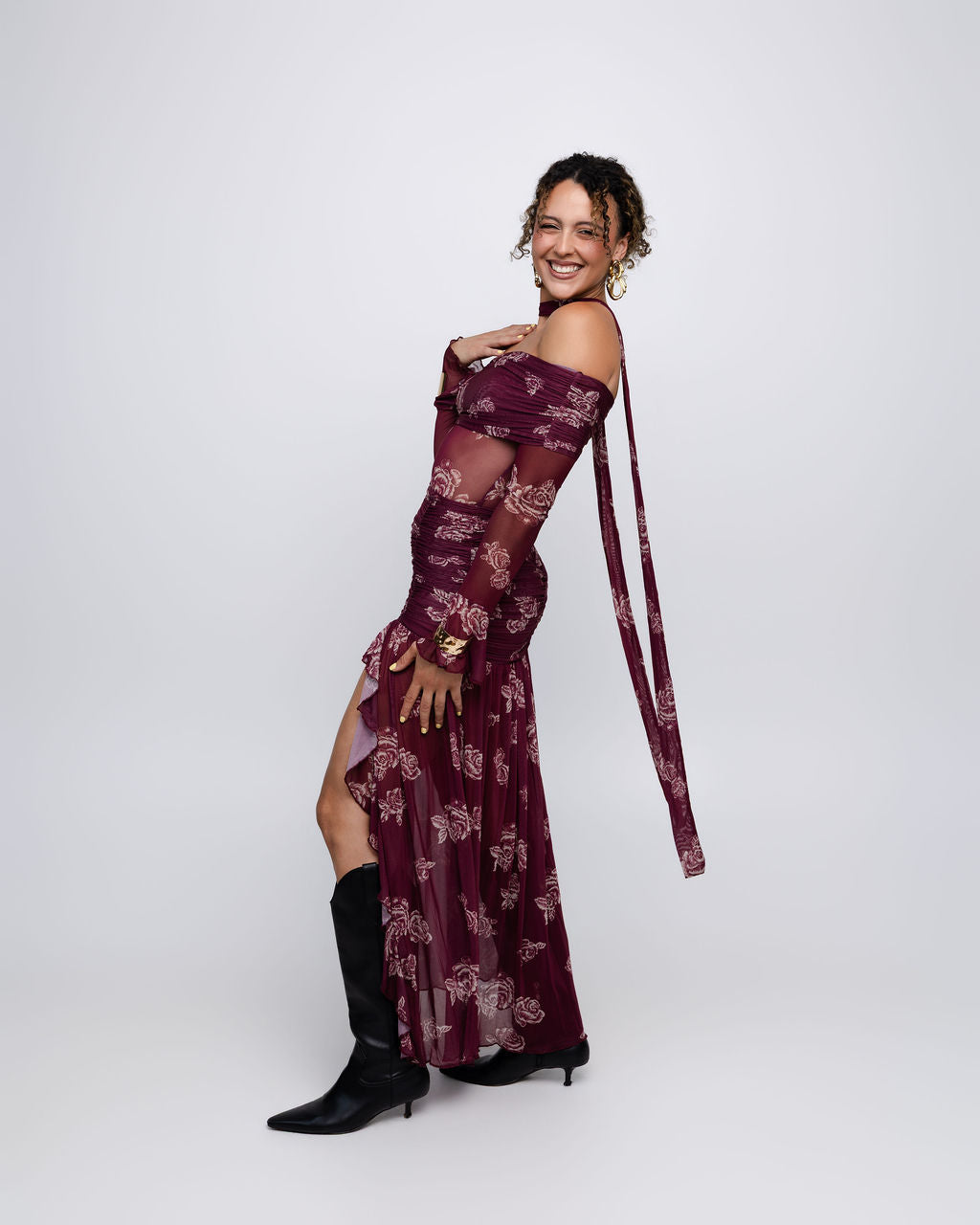 Floral Mesh Off-Shoulder Maxi Dress