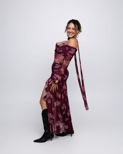 Floral Mesh Off-Shoulder Maxi Dress
