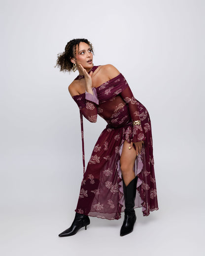 Floral Mesh Off-Shoulder Maxi Dress