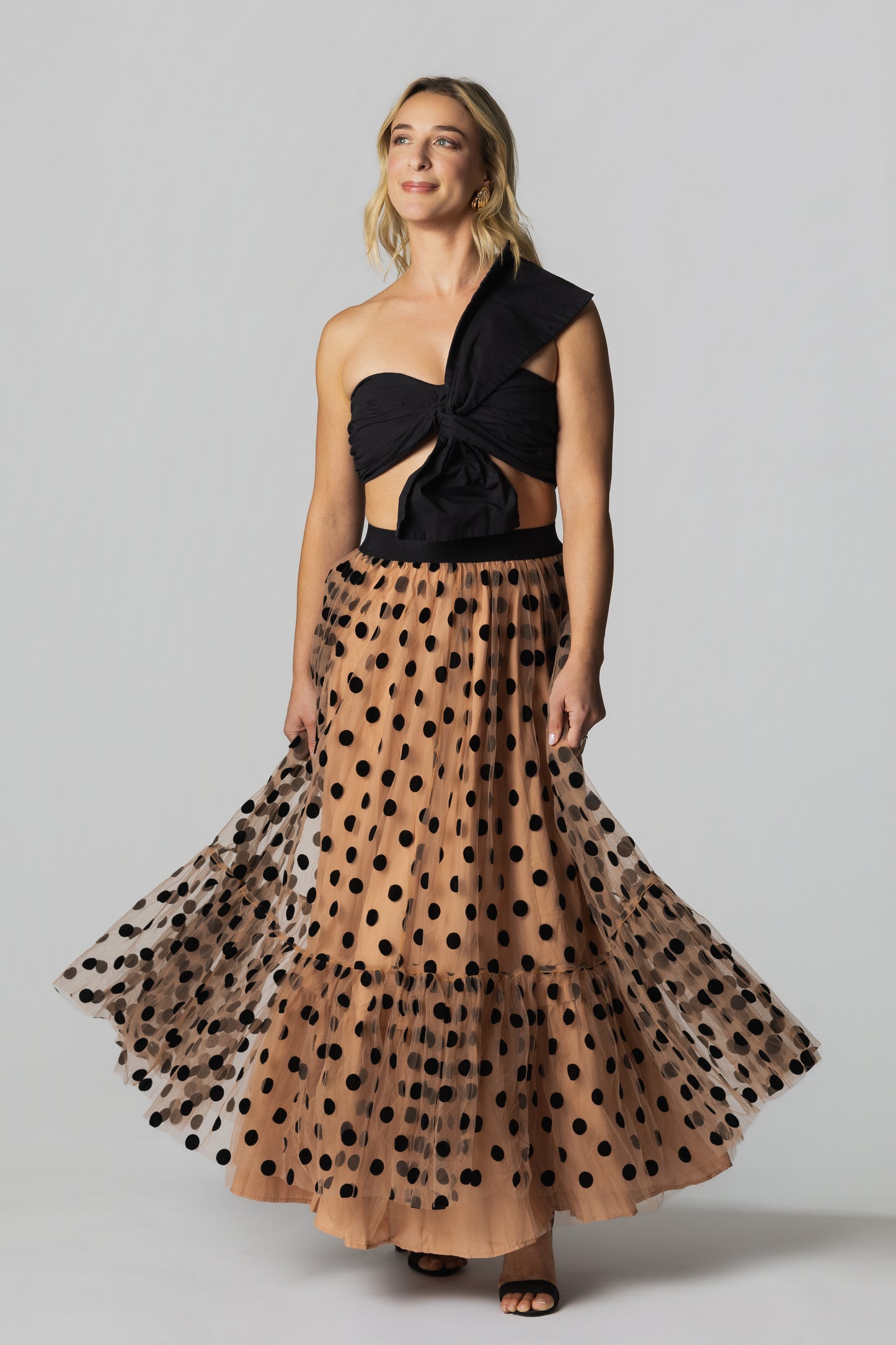 Polka Dot Tulle Tiered Maxi Skirt– Nude/Black