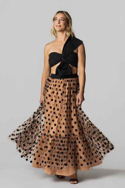 Polka Dot Tulle Tiered Maxi Skirt– Nude/Black