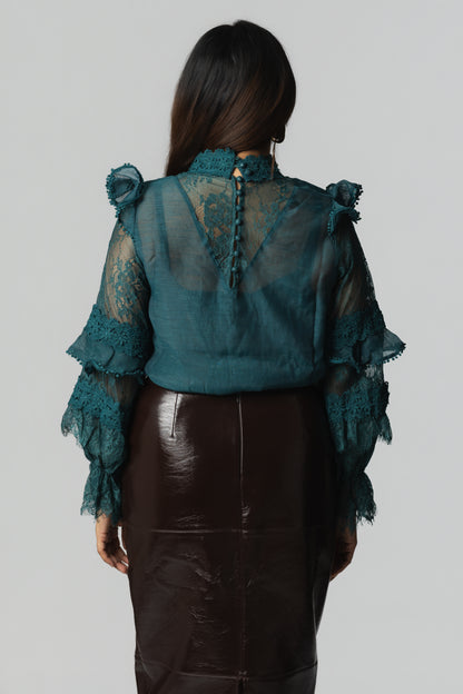 Floral Lace High-Neck Ruffle-Sleeve Blouse – Teal