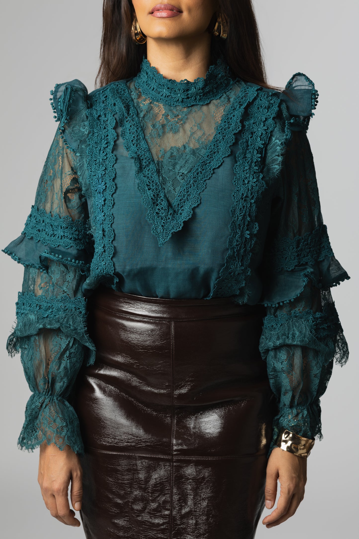 Floral Lace High-Neck Ruffle-Sleeve Blouse – Teal