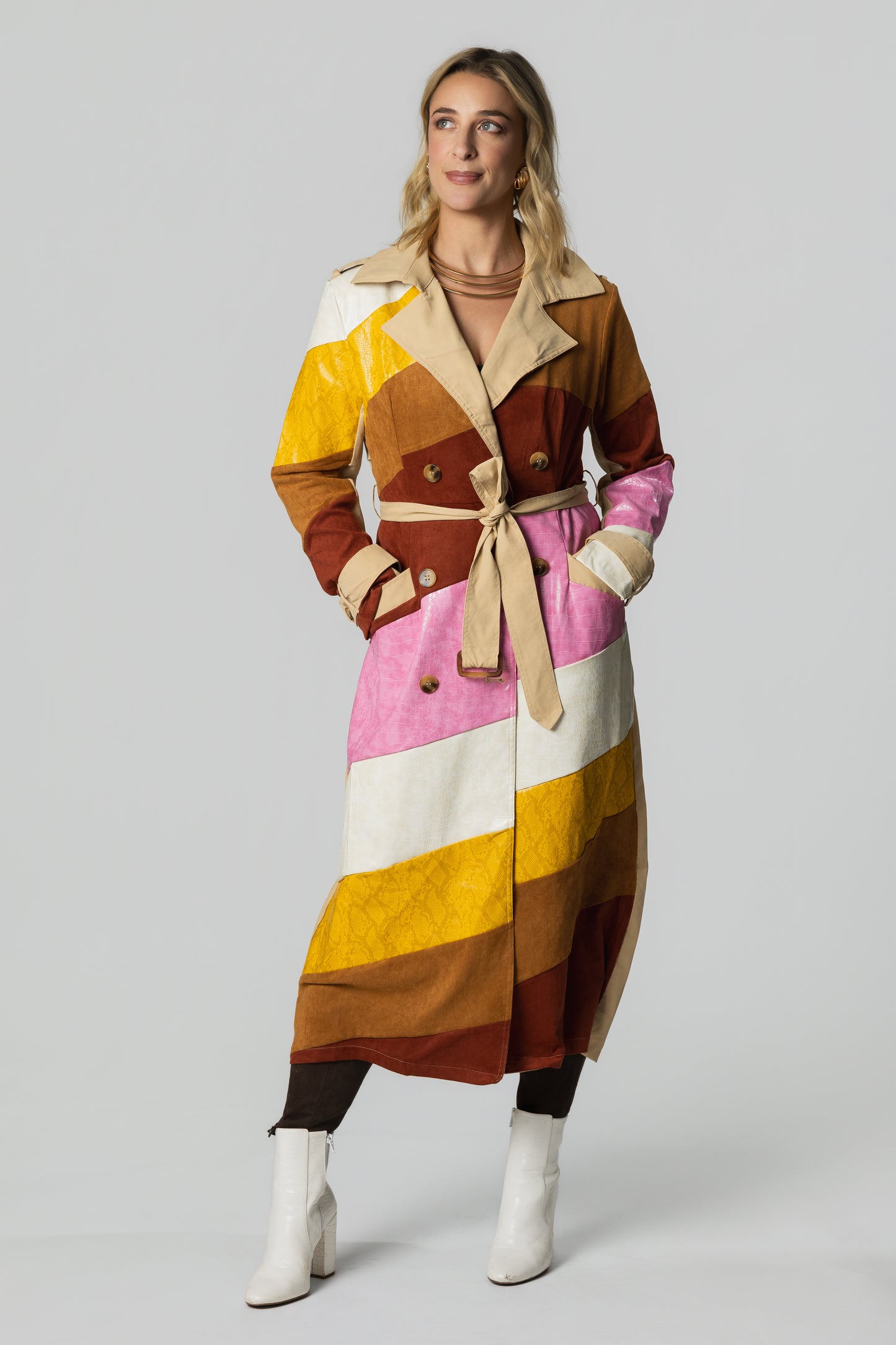 Leather & Suede Colorblock Belted Trench Coat – Camel/Burgundy/Pink