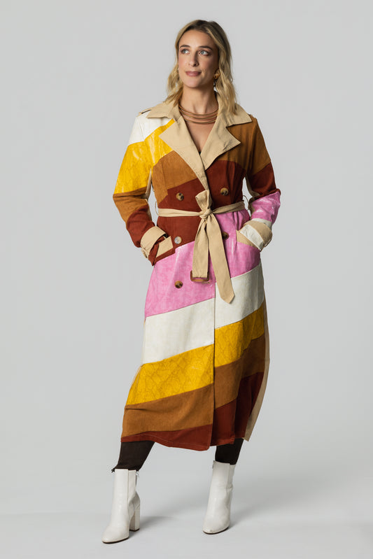 Leather & Suede Colorblock Belted Trench Coat – Camel/Burgundy/Pink