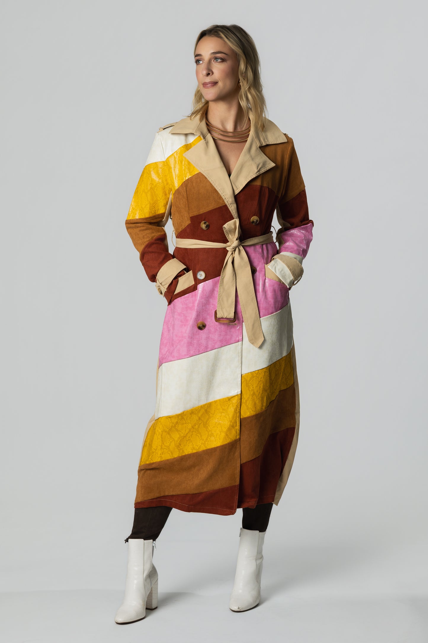 Leather & Suede Colorblock Belted Trench Coat – Camel/Burgundy/Pink