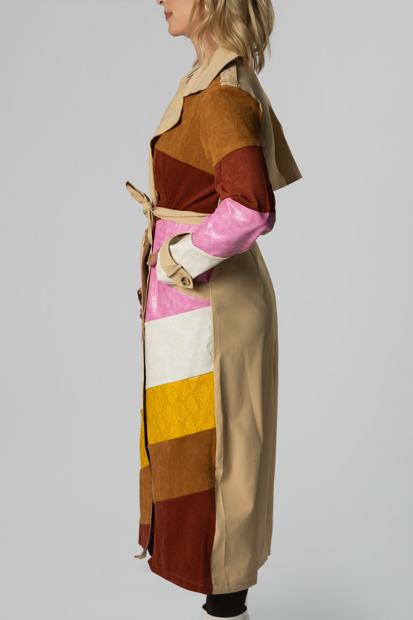 Leather & Suede Colorblock Belted Trench Coat – Camel/Burgundy/Pink
