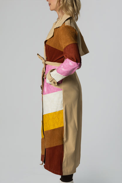 Leather & Suede Colorblock Belted Trench Coat – Camel/Burgundy/Pink