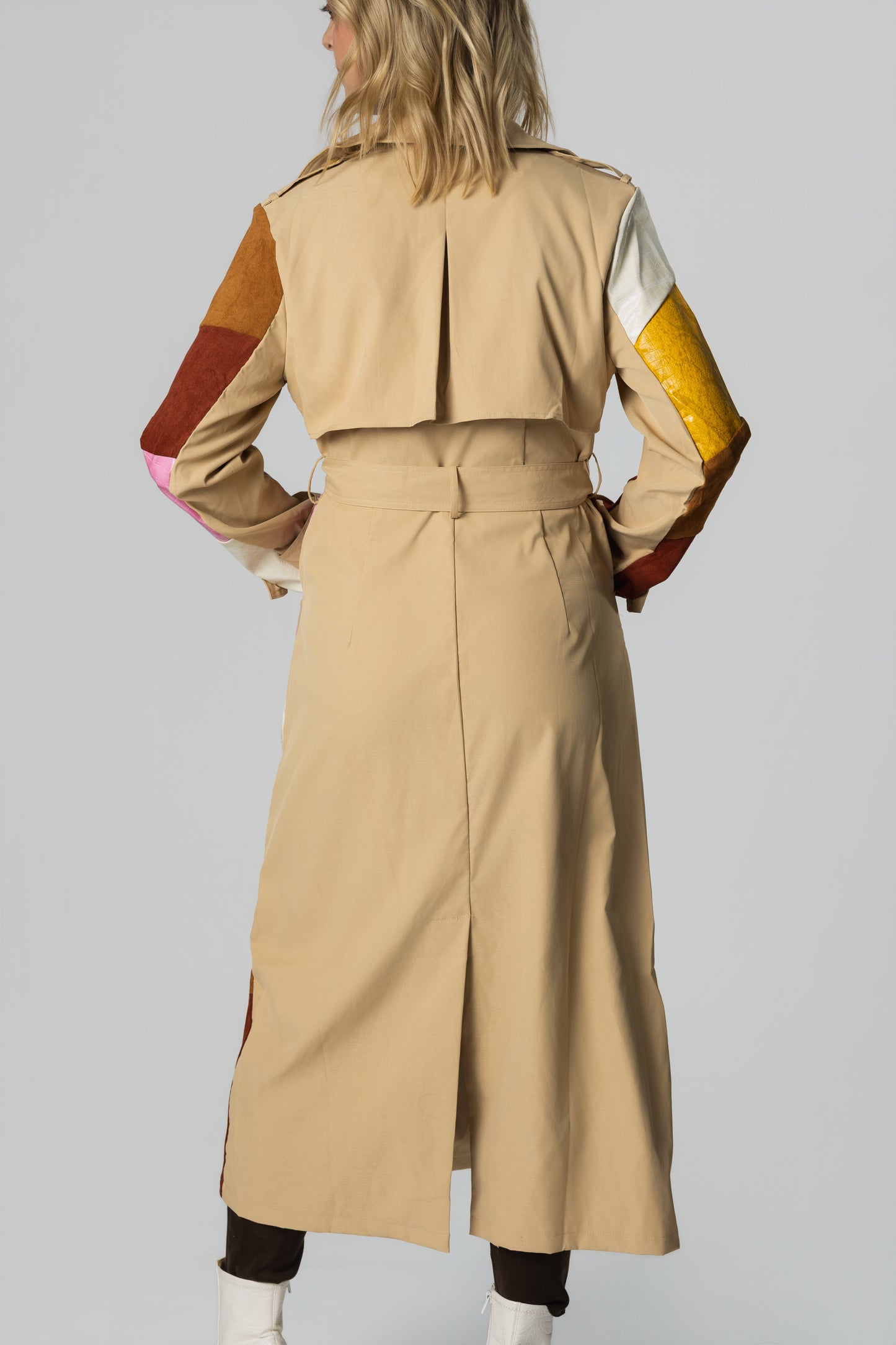 Leather & Suede Colorblock Belted Trench Coat – Camel/Burgundy/Pink