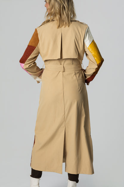 Leather & Suede Colorblock Belted Trench Coat – Camel/Burgundy/Pink