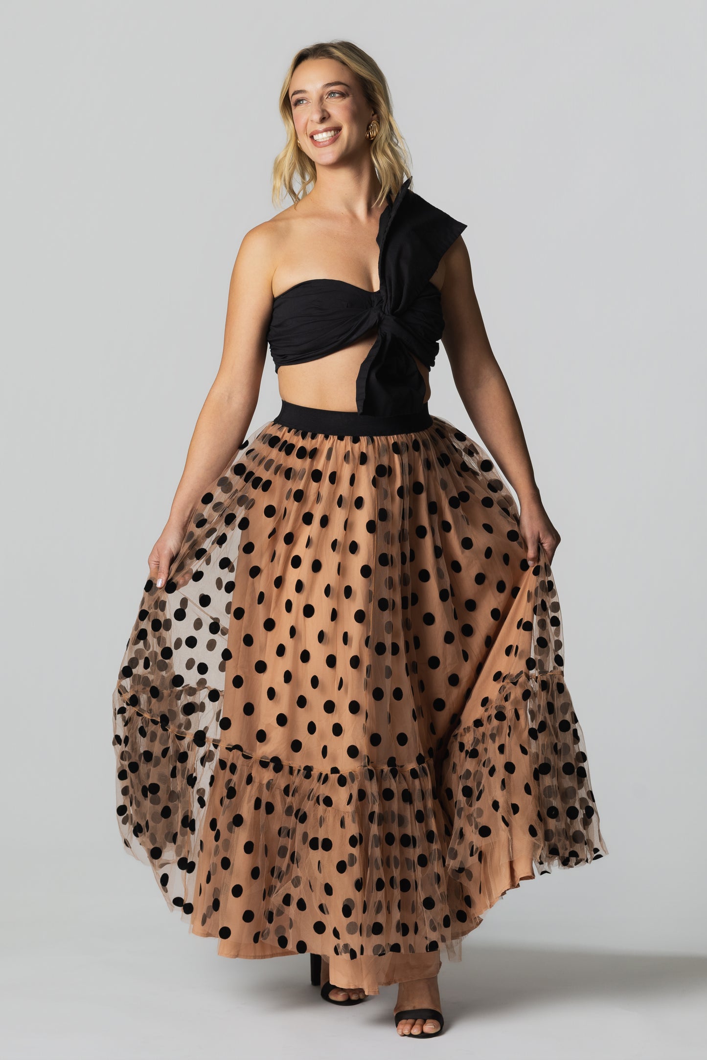 Polka Dot Tulle Tiered Maxi Skirt– Nude/Black