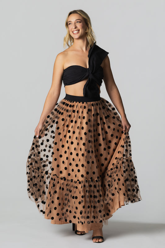 Polka Dot Tulle Tiered Maxi Skirt– Nude/Black