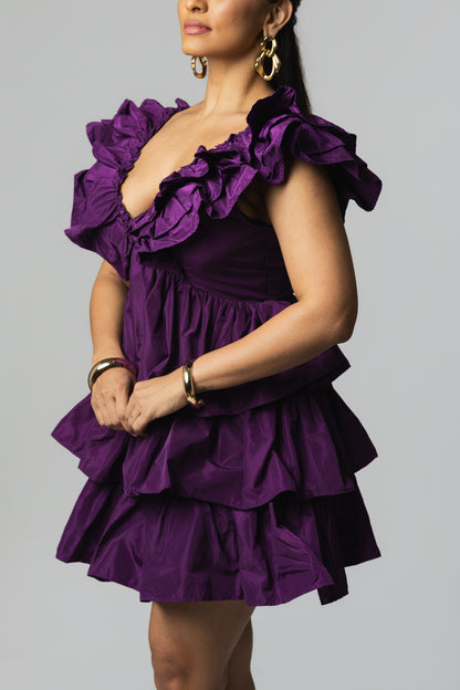 Ruffled Tiered Taffeta Mini Dress – Orchid Purple