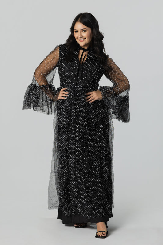 Polka Dot Mesh Layered-Sleeve Maxi Dress – Black/White