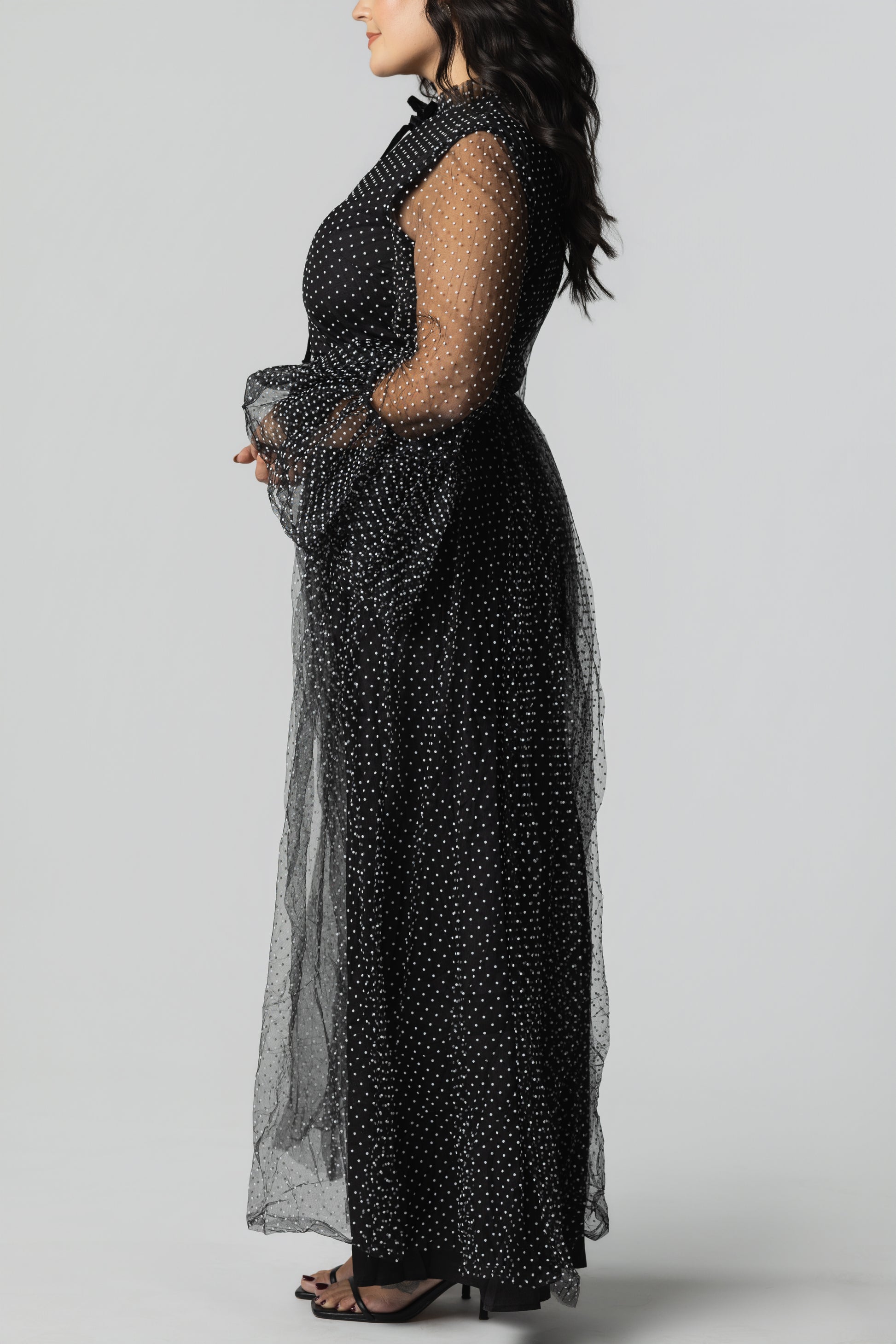 Polka Dot Mesh Layered-Sleeve Maxi Dress – Black/White - Soleil et étoiles