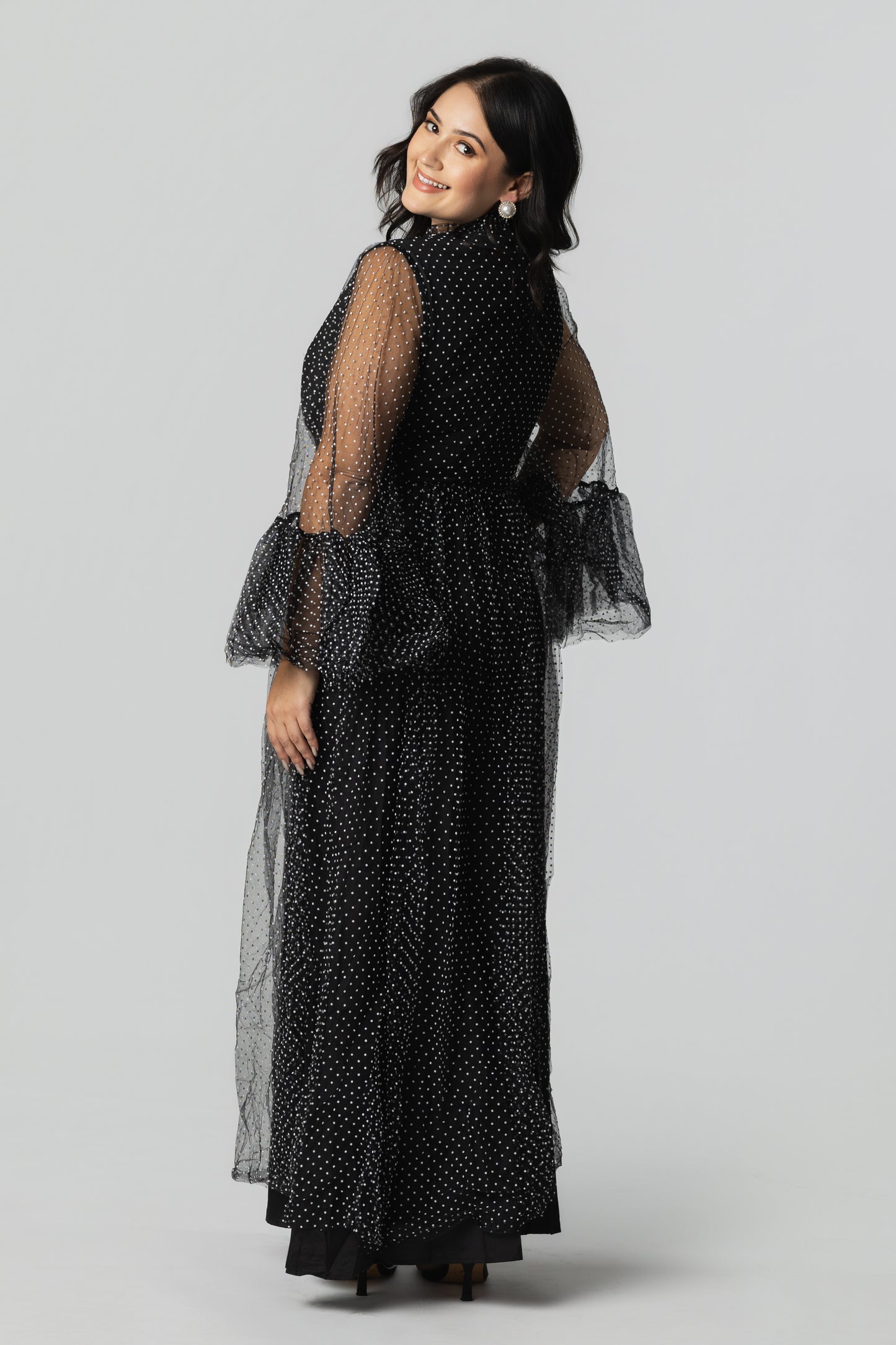 Polka Dot Mesh Layered-Sleeve Maxi Dress – Black/White - Soleil et étoiles