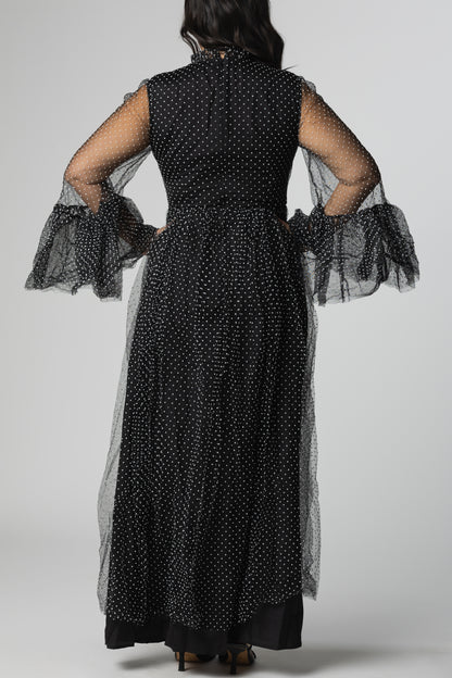 Polka Dot Mesh Layered-Sleeve Maxi Dress – Black/White - Soleil et étoiles