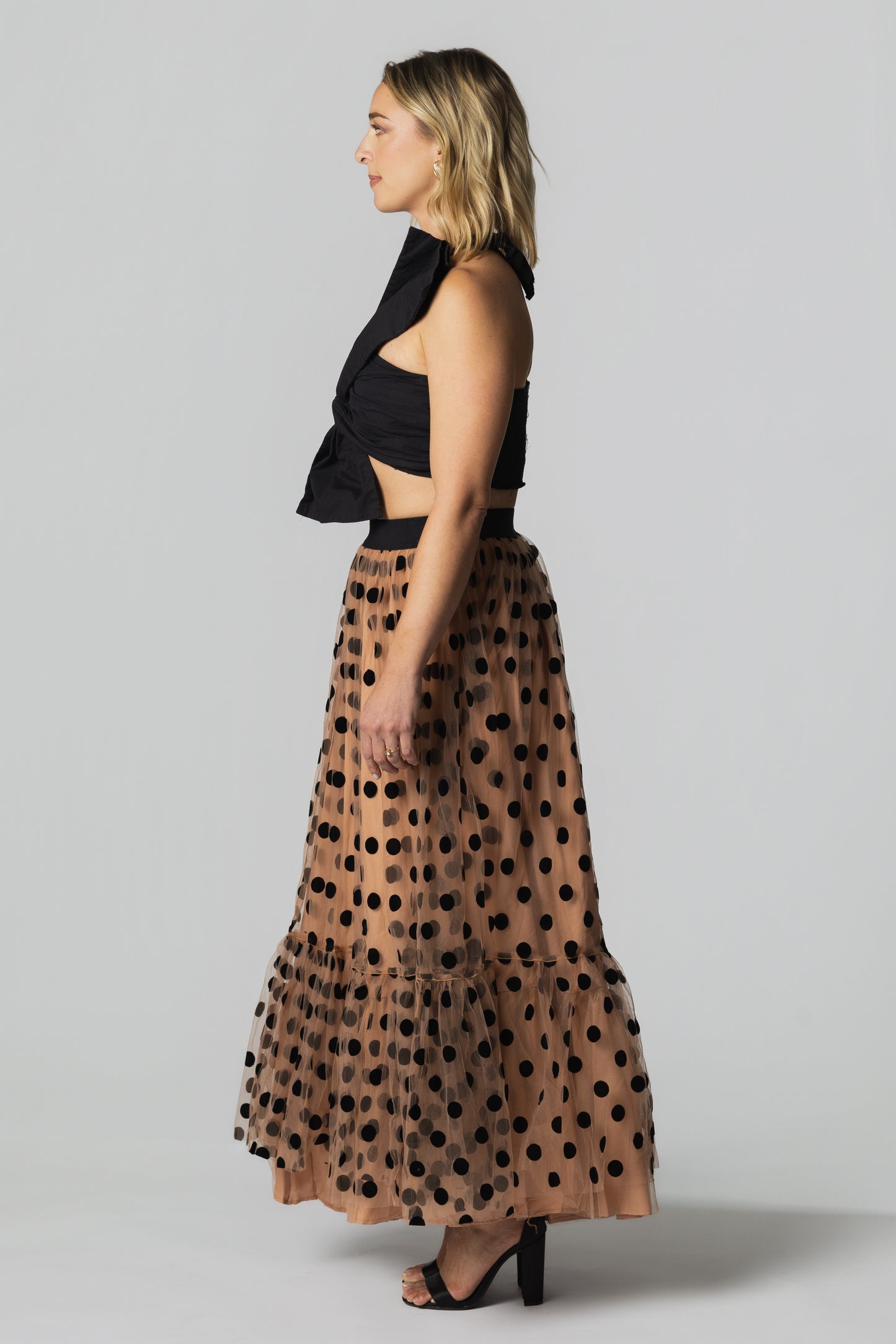 Polka Dot Tulle Tiered Maxi Skirt– Nude/Black